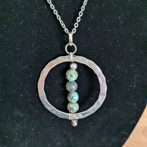 Wire Wrap Hammered Circle Stone Bead Necklace Statement Piece Boho Art to Wear - Picture 3 of 7